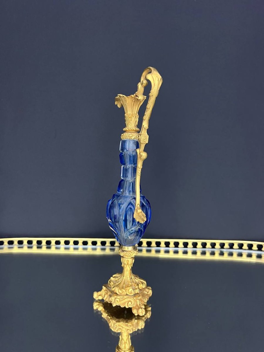 Aiguière en cristal bleu taillé et bronze doré, attribuée à Baccarat – époque Napoléon III-photo-4