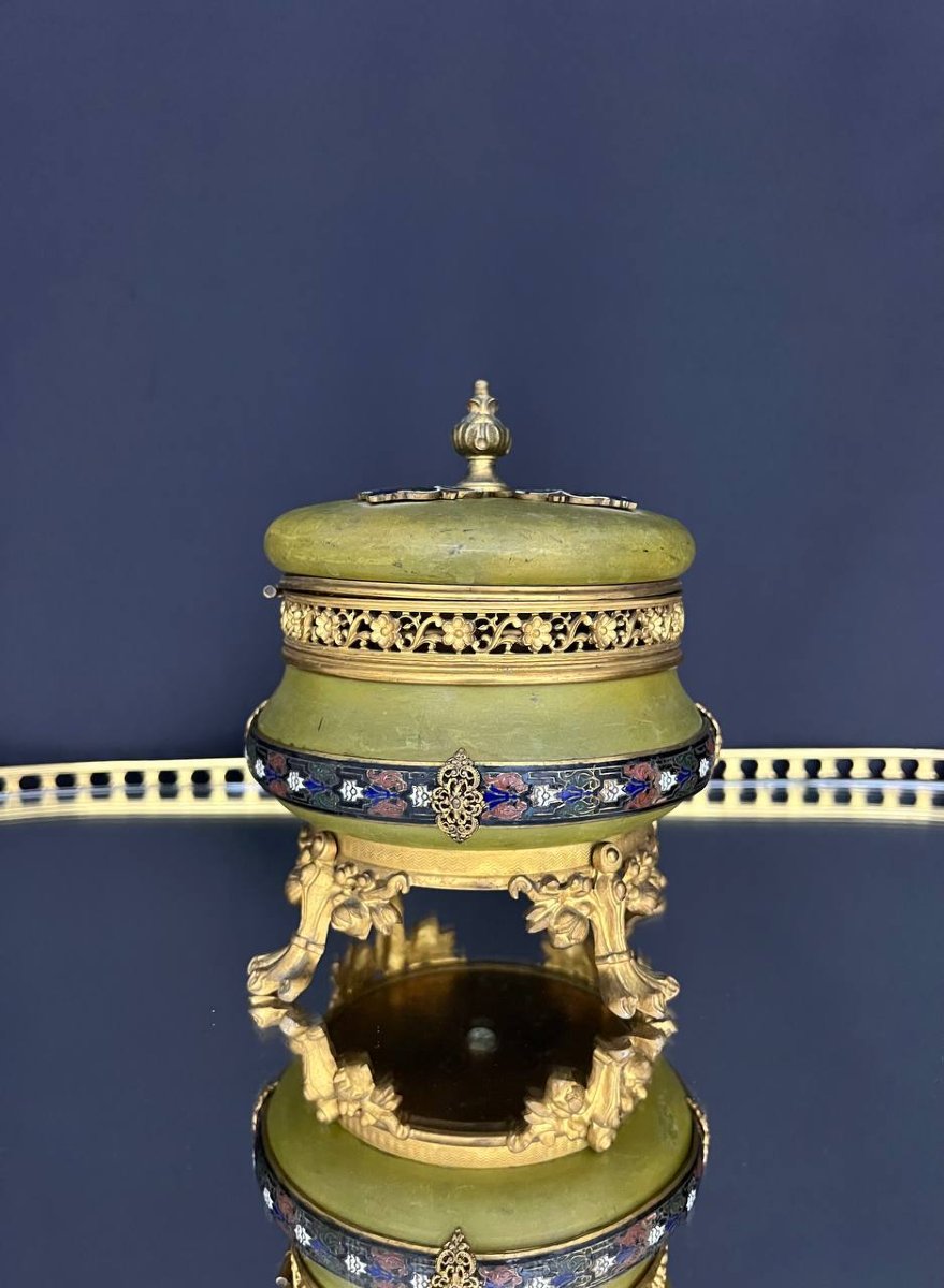 Napoleon III Jewelry Box Made Of Patinated Metal, Gilded Bronze, And Polychrome Enamel