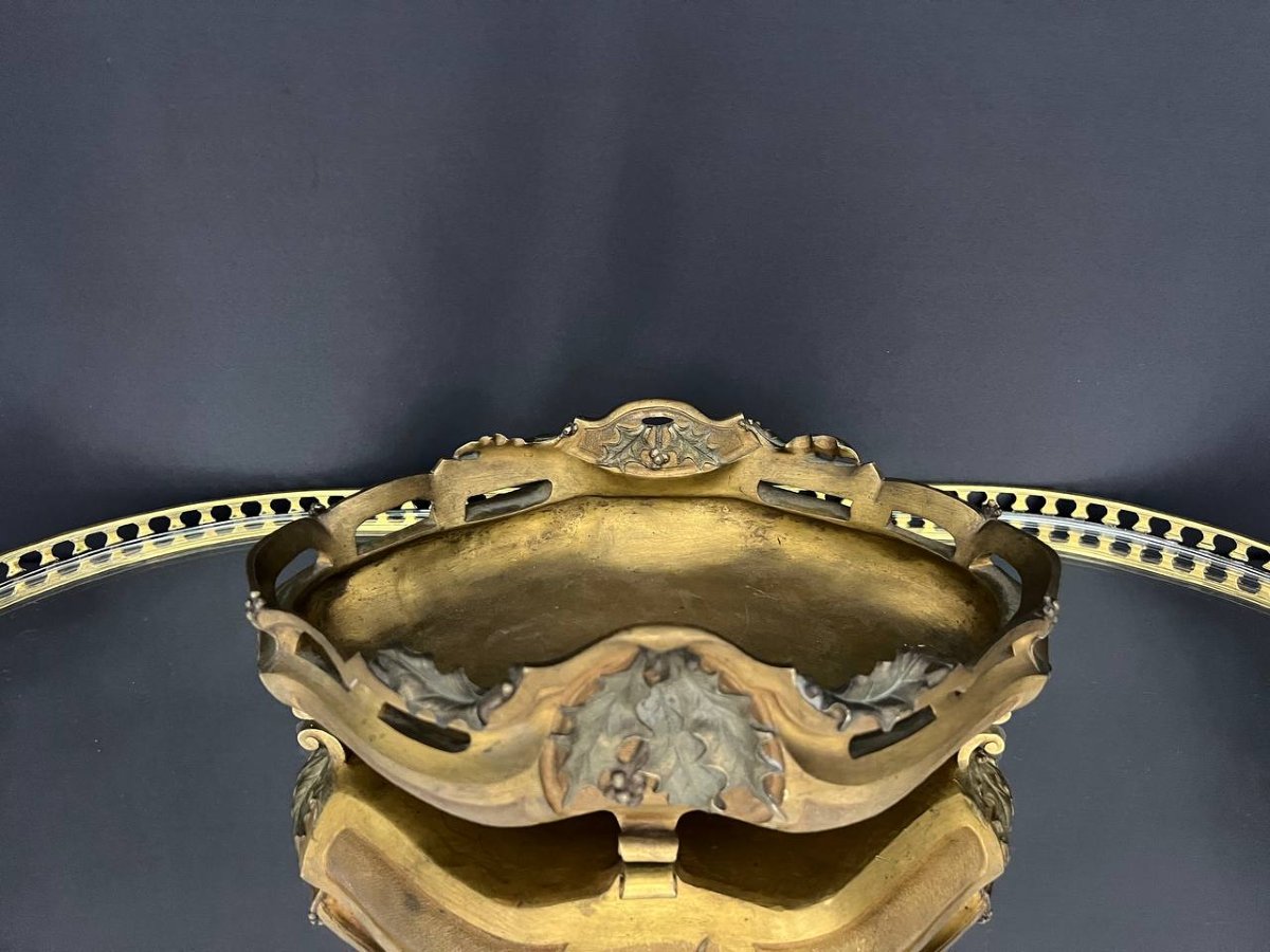 Art Nouveau Planter In Gilded Bronze With Holly Decoration, Signed E. Gros-photo-2