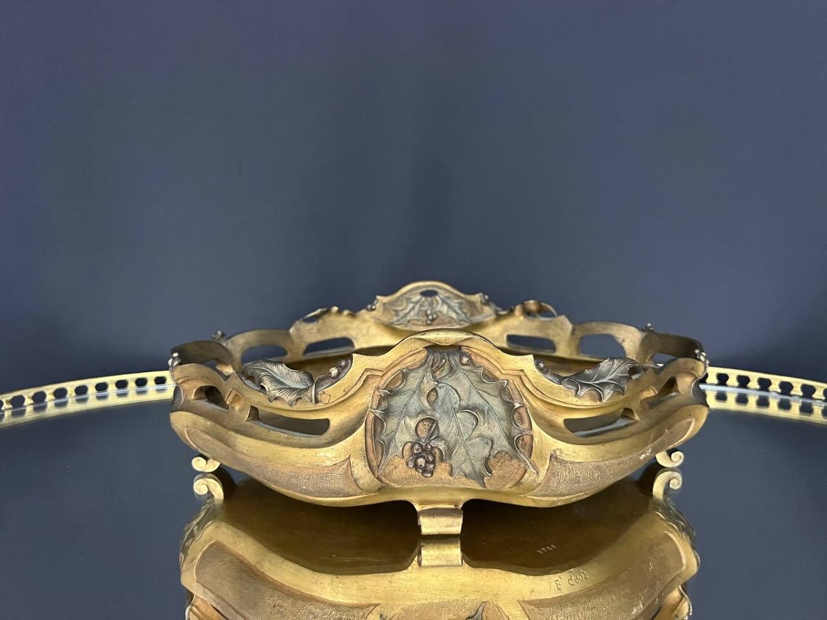 Art Nouveau Planter In Gilded Bronze With Holly Decoration, Signed E. Gros-photo-1