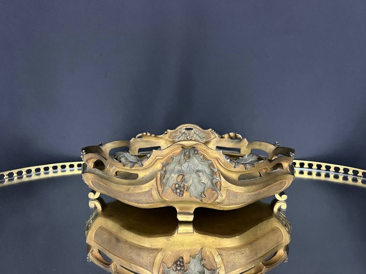 Art Nouveau Planter In Gilded Bronze With Holly Decoration, Signed E. Gros