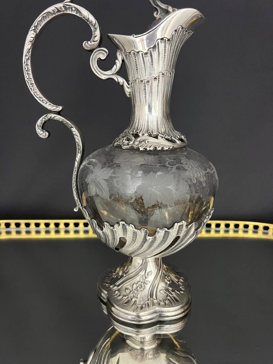 Covered Ewer Made Of Engraved Crystal And Silver-plated Metal, Louis XV Style-photo-2