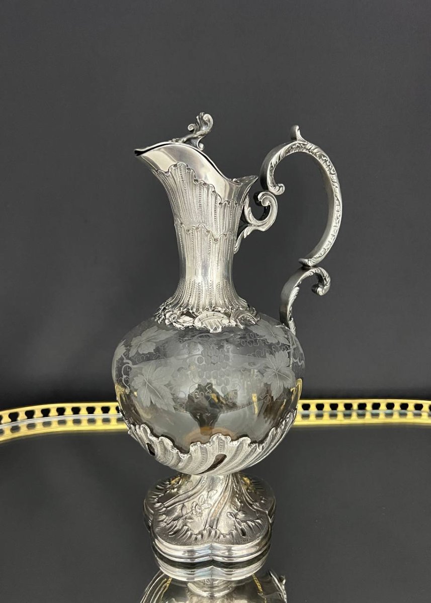 Covered Ewer Made Of Engraved Crystal And Silver-plated Metal, Louis XV Style-photo-3