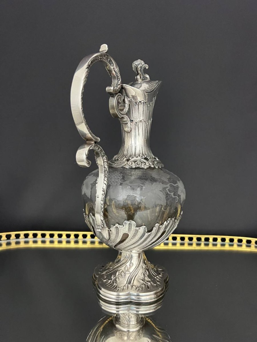 Covered Ewer Made Of Engraved Crystal And Silver-plated Metal, Louis XV Style-photo-1