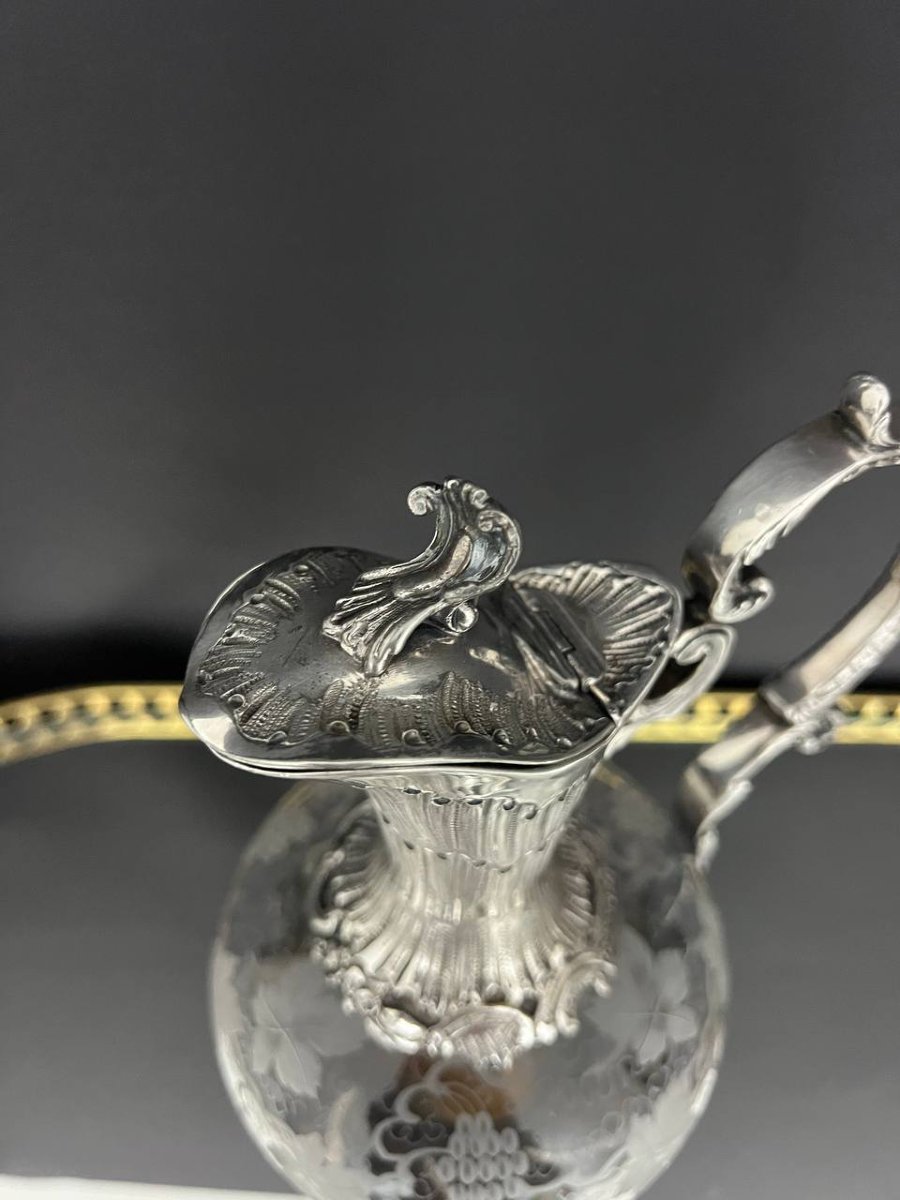 Covered Ewer Made Of Engraved Crystal And Silver-plated Metal, Louis XV Style-photo-2