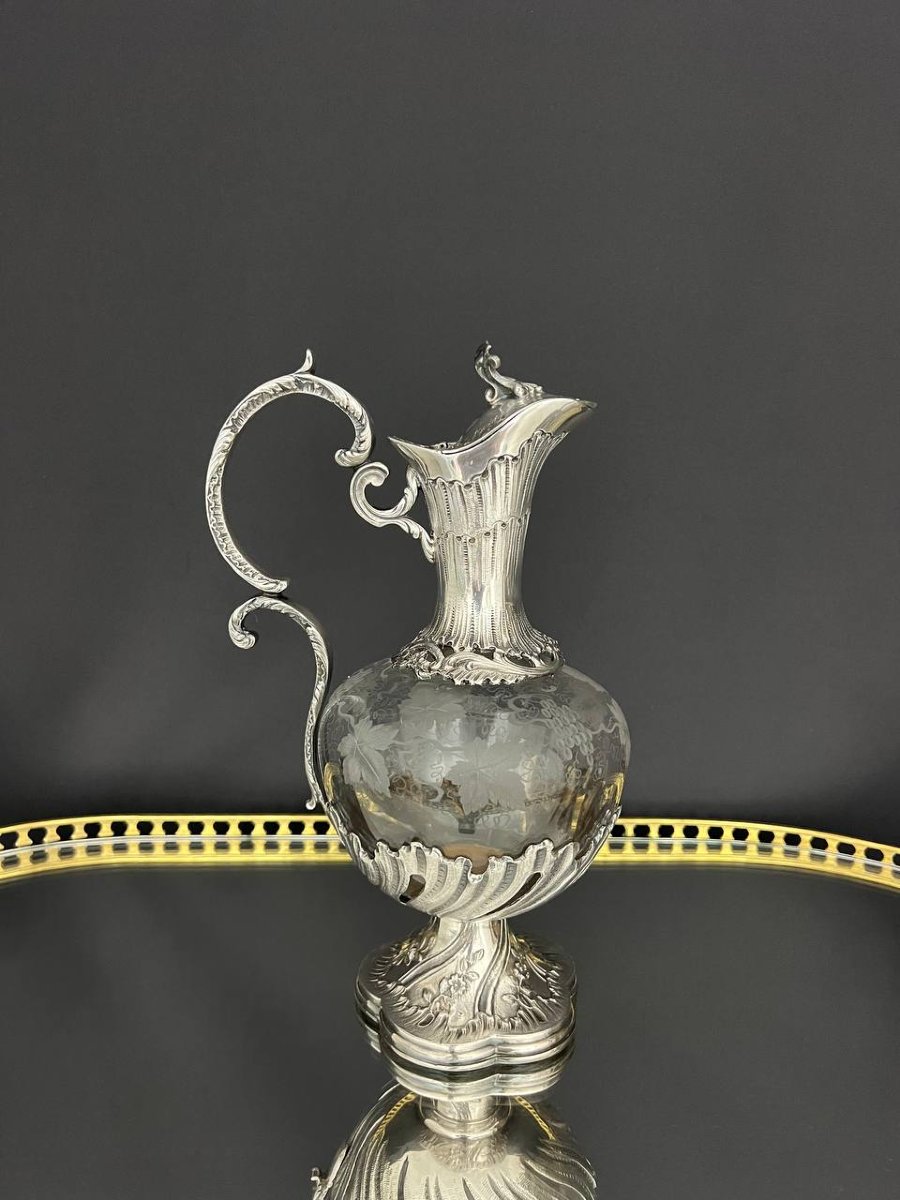 Covered Ewer Made Of Engraved Crystal And Silver-plated Metal, Louis XV Style