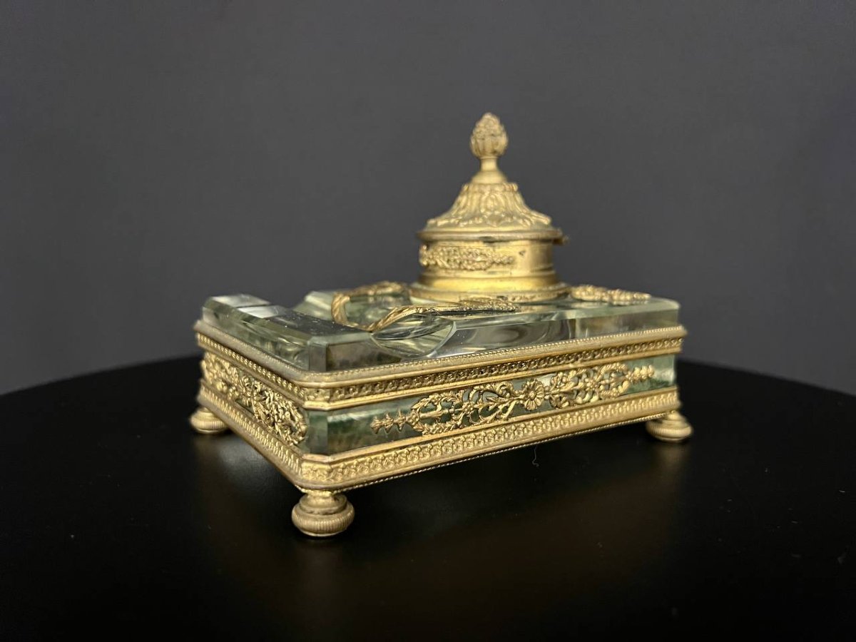 Encrier de bureau ancien en cristal et laiton doré – Style Louis XVI -photo-2