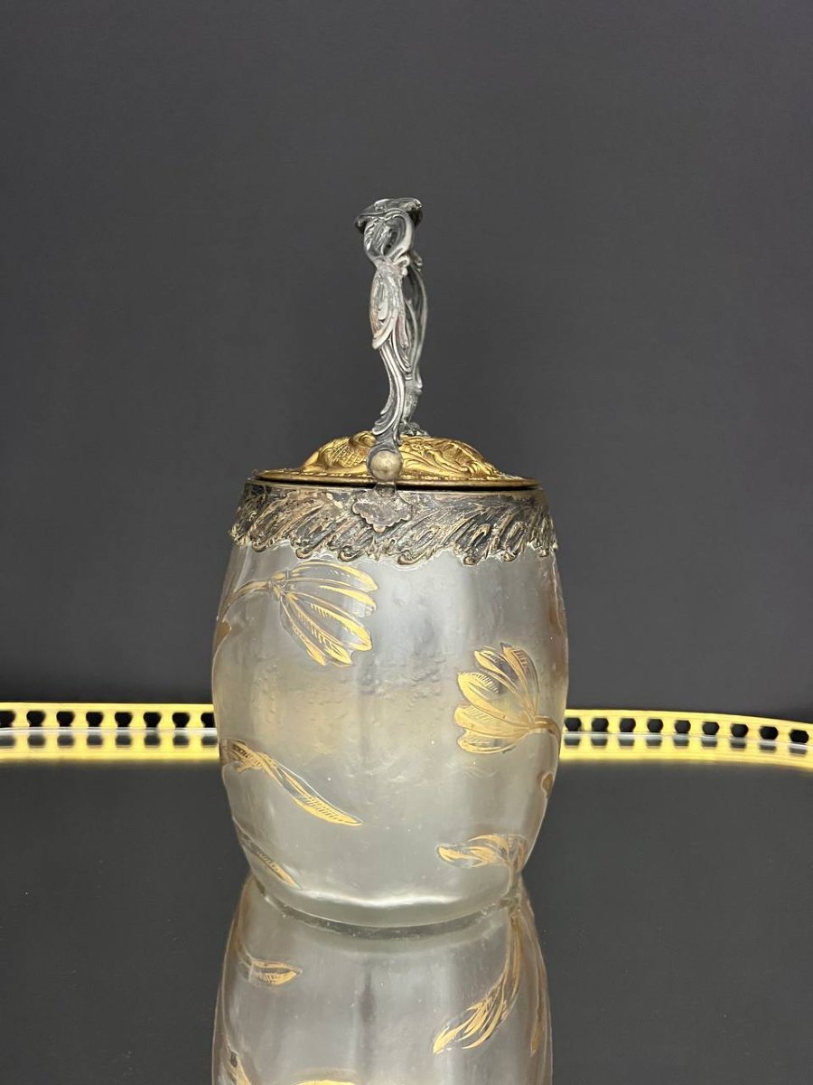 Victor Saglier – Pot à biscuits Art Nouveau en verre givré doré-photo-2