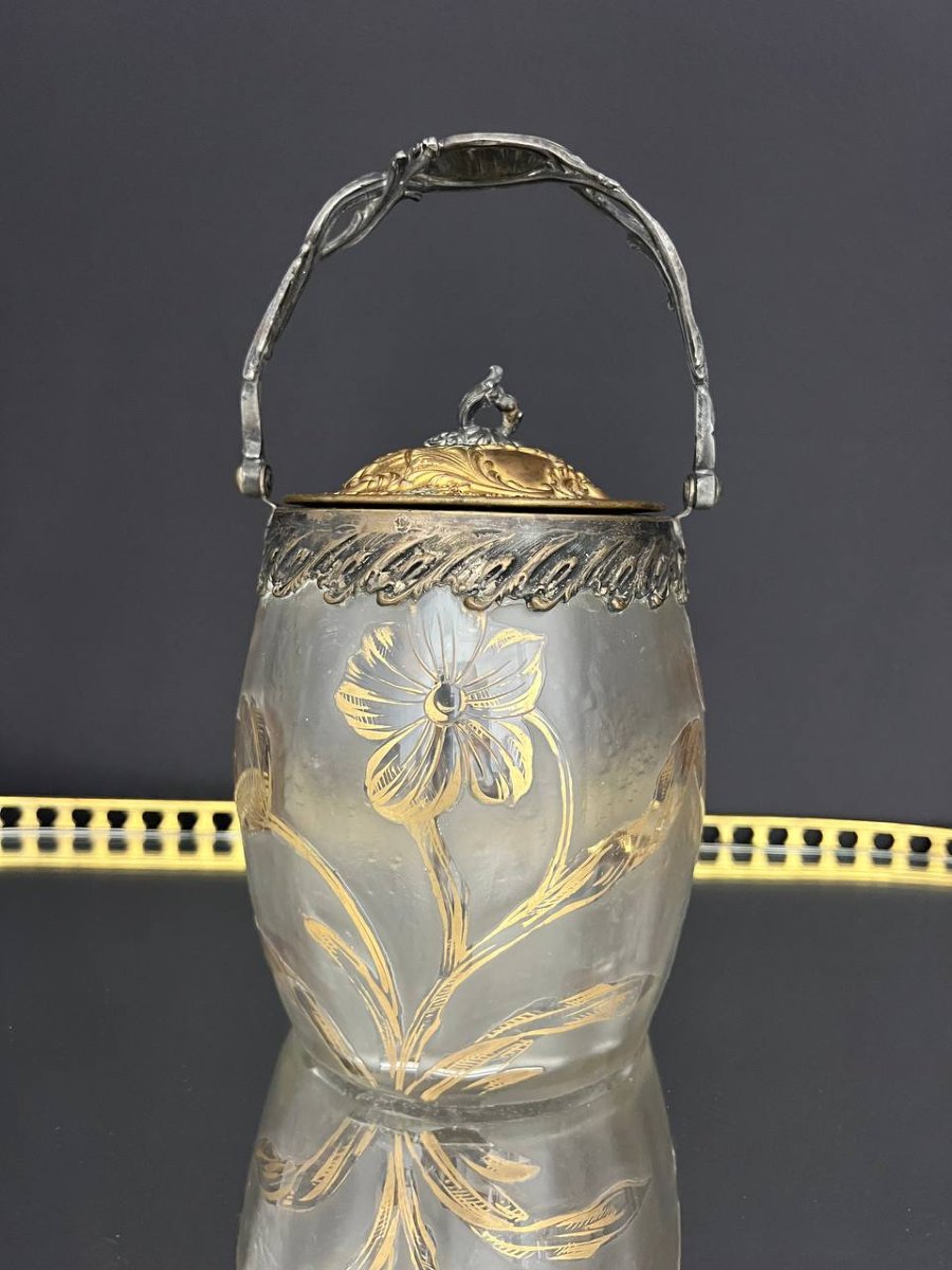 Victor Saglier – Pot à biscuits Art Nouveau en verre givré doré-photo-2