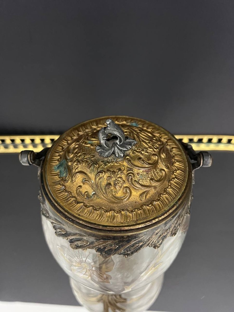 Victor Saglier – Pot à biscuits Art Nouveau en verre givré doré-photo-3