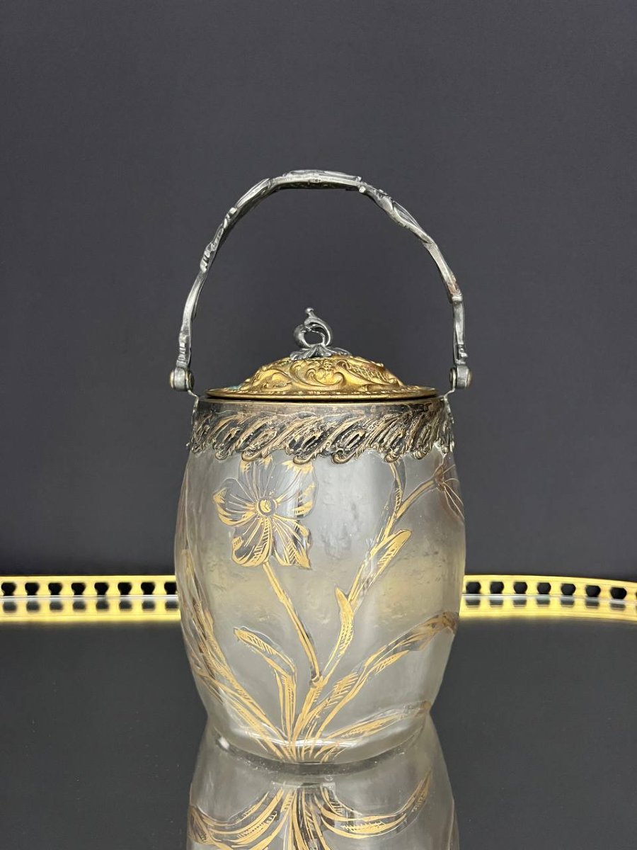 Victor Saglier – Pot à biscuits Art Nouveau en verre givré doré