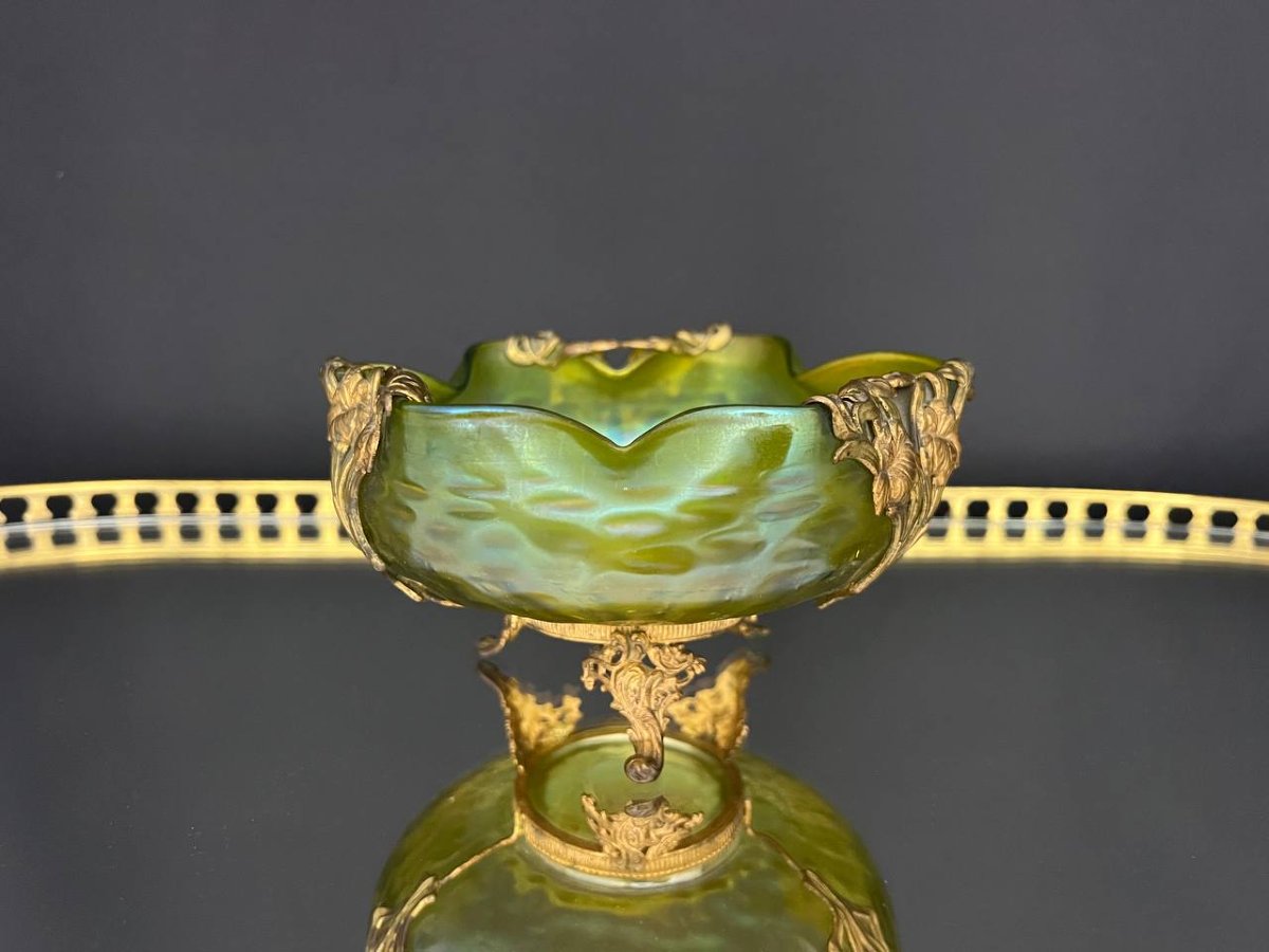 Coupe vide-poche Art Nouveau en verre irisé vert, dans le goût de Loetz-photo-3