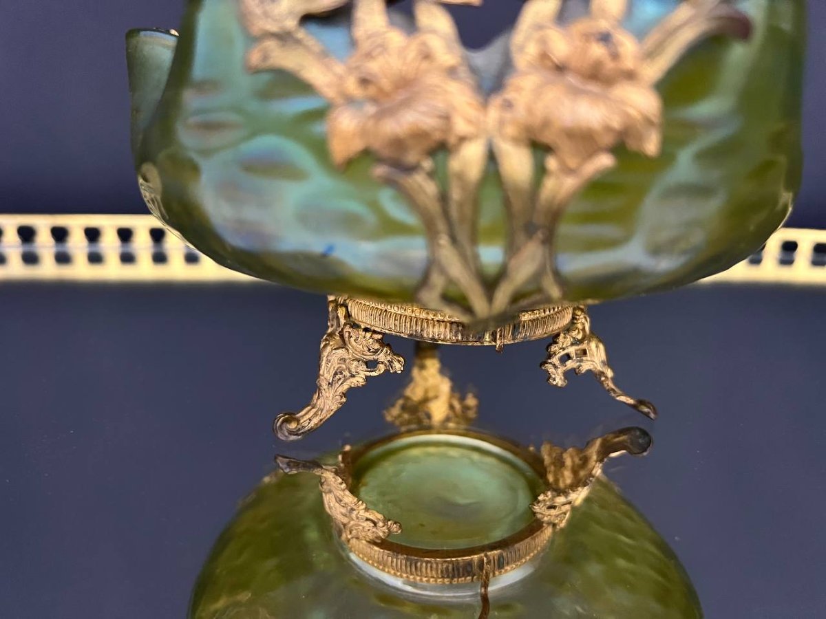 Coupe vide-poche Art Nouveau en verre irisé vert, dans le goût de Loetz-photo-4