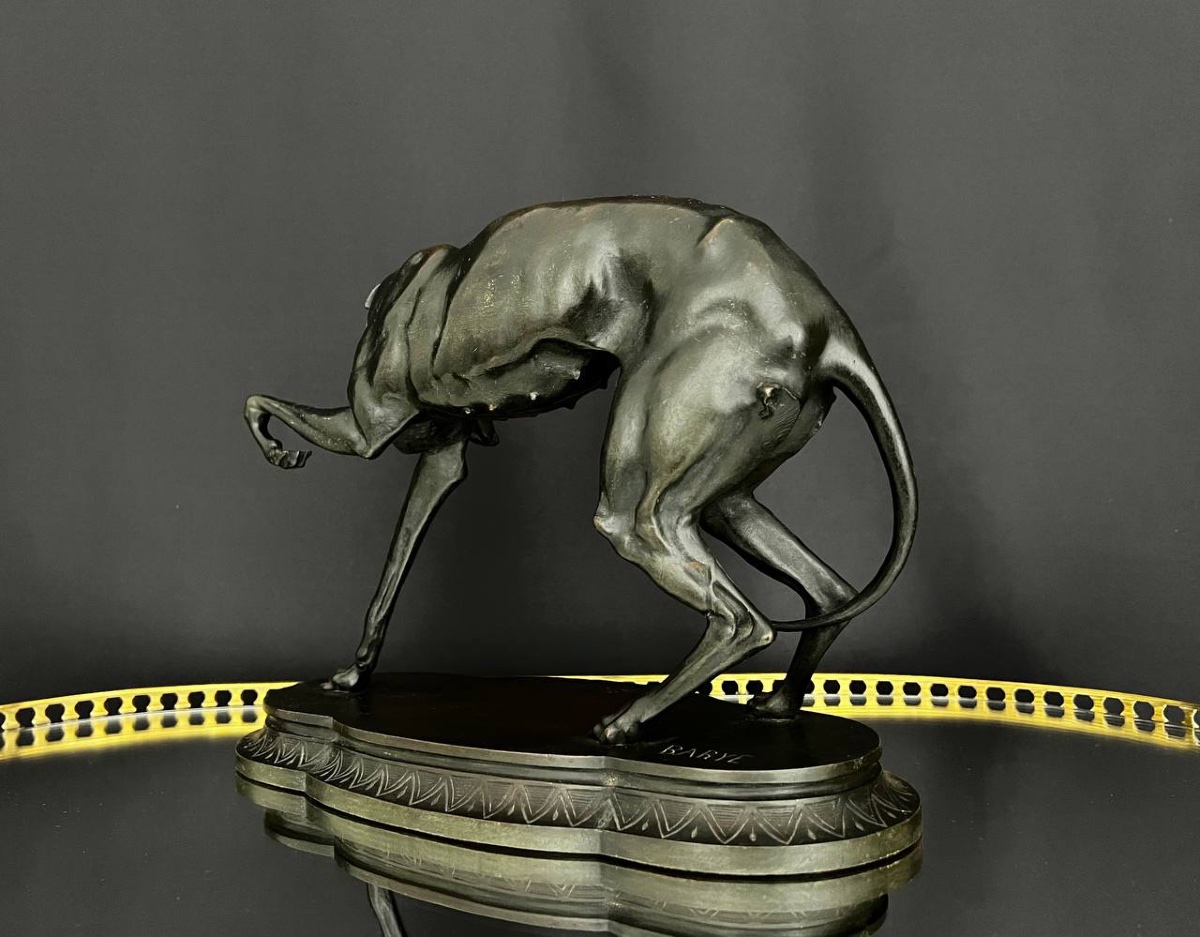 Sculpture Of A Greyhound In Patinated Bronze, After Barye-photo-2