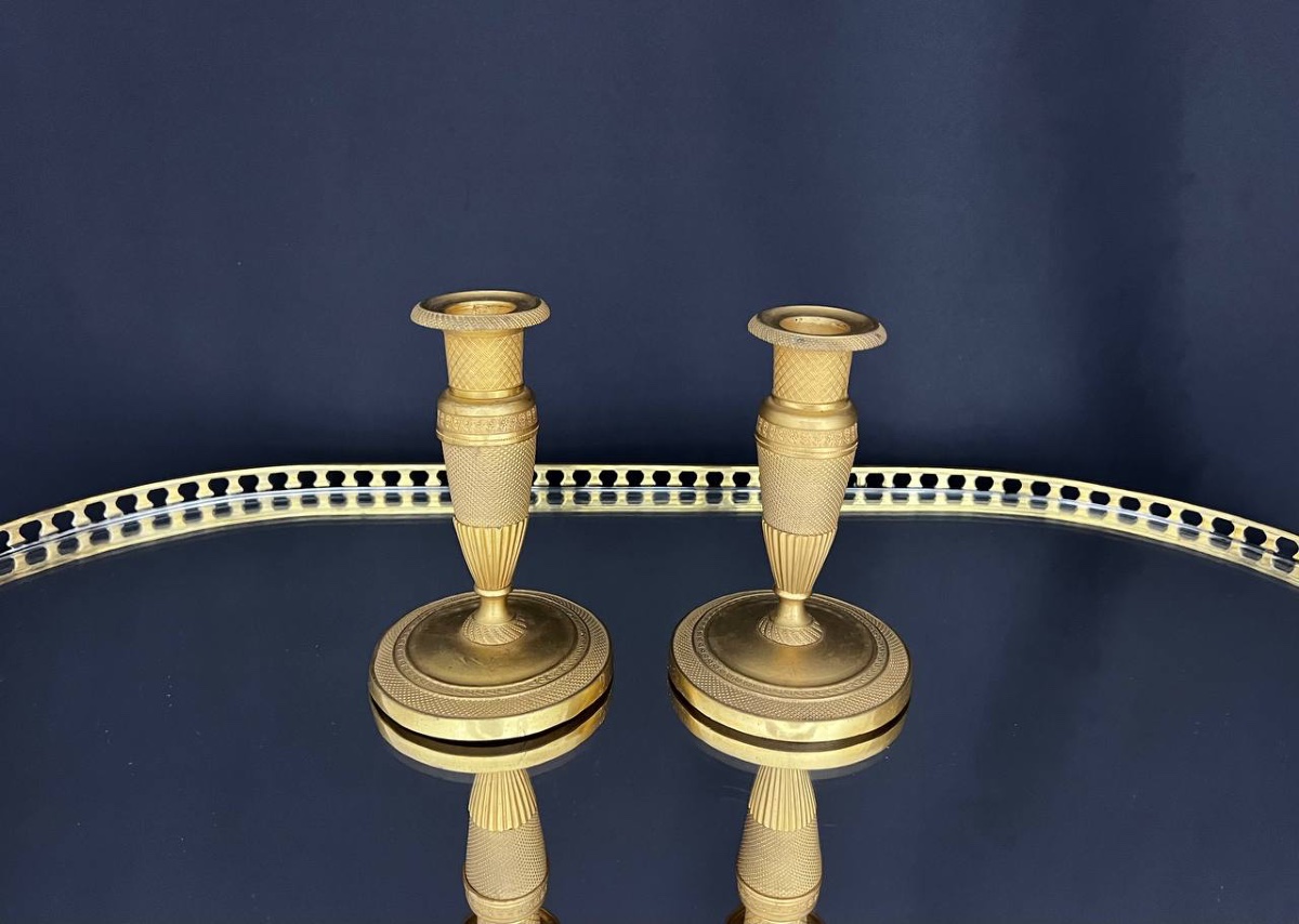 Pair Of Gilded Brass Candlesticks, Empire Style-photo-2