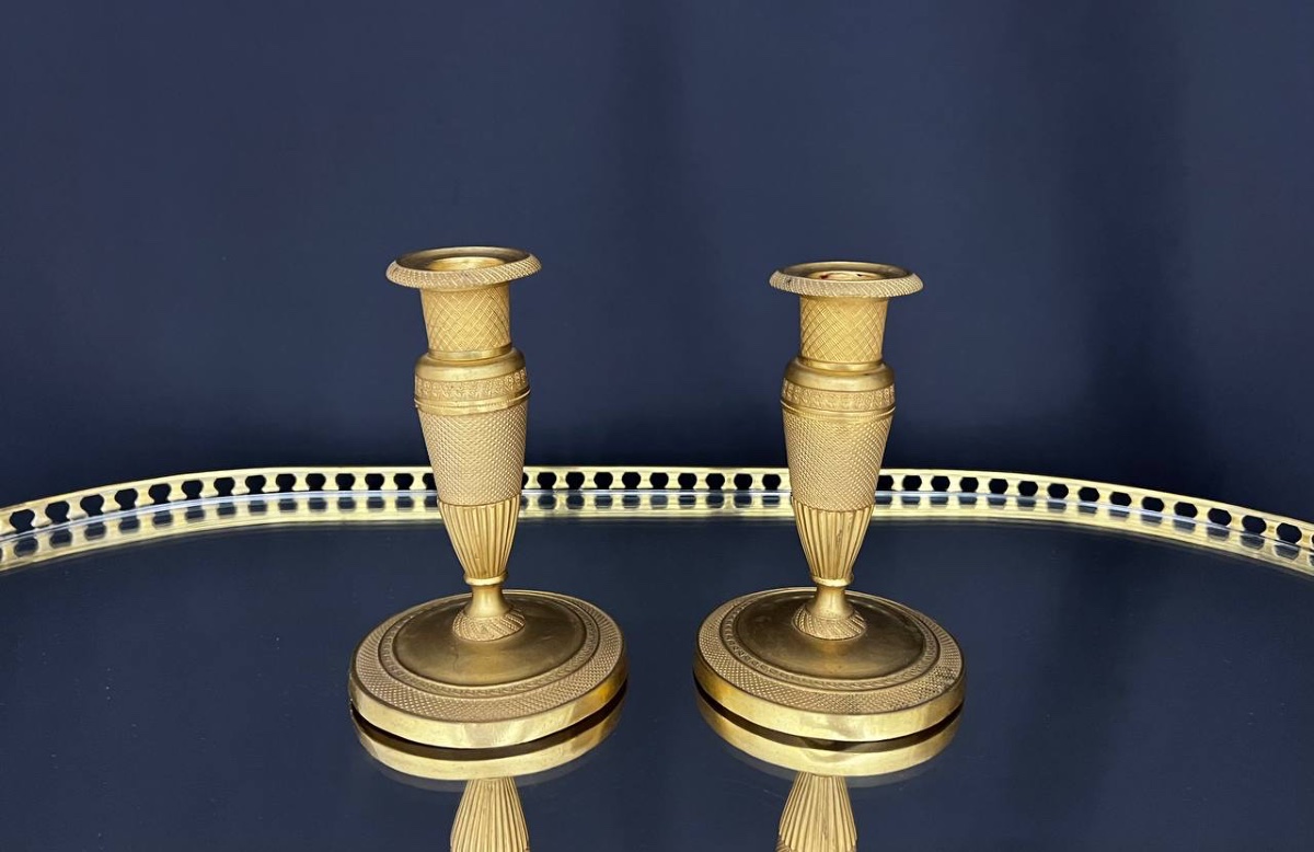 Pair Of Gilded Brass Candlesticks, Empire Style-photo-3
