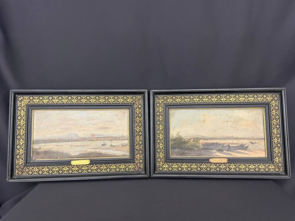 Paire de paysages des étangs de Vic et de Pérols – huiles sur toile – fin XIXe siècle