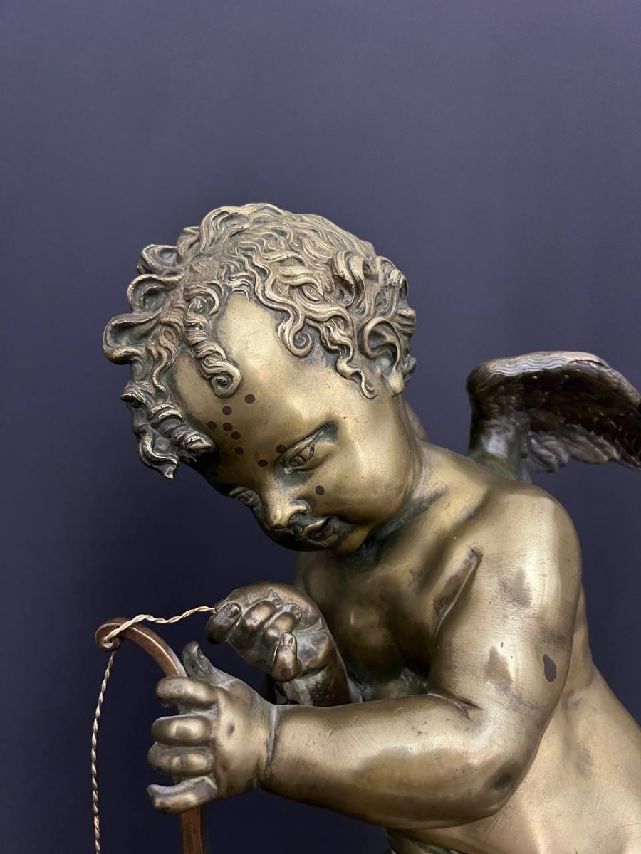 Cupidon à l’arc d’après Lemire – Ravissante sculpture à patine dorée et marbre rouge-photo-2