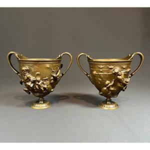 Pair Of Bronze Cups With Brown Patina And Mythological Decor. F. Barbedienne