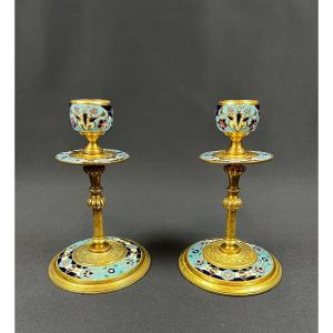 Pair Of Gilt Bronze Candlesticks With Cloisonné Enamel Decor. 19th Century. H. 13 Cm.