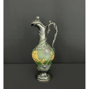 Saglier & Montjoye (attributed To) Green Glass Ewer With Gold Decoration 