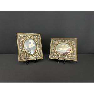 Pair Of Miniatures And Boulle Marquetry Frame Napoleon III Period