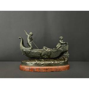 Bronze Subject Attributed To Sylvain Kinsburger (1855-1935). Boat Guided By Two Loves