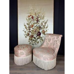 Louis XV Armchair And Pouf Set, Antique Pink Damask Fabric