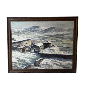 Large Old Painting Signed Gabriel Moiselet (1885–1961) – “last Snows At Villonac”