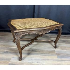 Tabouret de style Louis XV  ancien en bois sculpté & assise cannée 