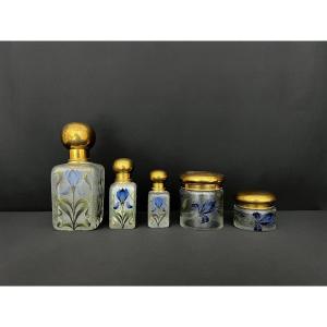Frosted Enamelled Glass Toiletry Set, Attributed To Legras