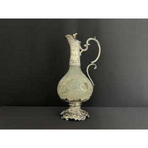 Art Nouveau Ewer In Frosted Glass, Goldsmith Gaston Potiez