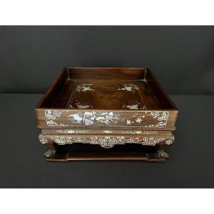 Antique Wooden Tray Inlaid With Mother-of-pearl – Asian Floral Decoration