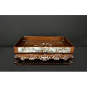 Antique Asian Wooden Tray With Very Fine Mother-of-pearl Inlay – 19th Century