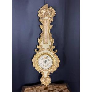 Baromètre-thermomètre en bois sculpté et doré, style Louis XV