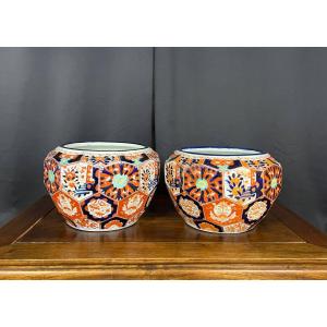 Paire de grands cache-pots en céramique décor Imari
