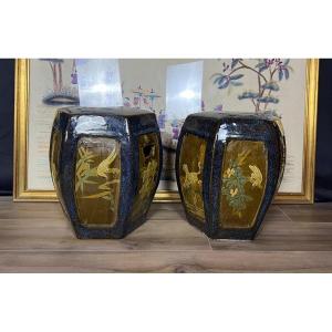Paire de tabourets en terre cuite vernissée, Chine