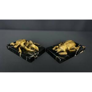 Art Deco Bronze Paperweight, Pair Of Beetles On Marble Bases