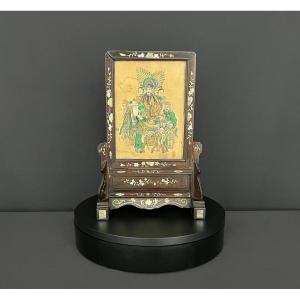 Chinese Hardwood Table Screen Inlaid With Mother-of-pearl, 19th Century