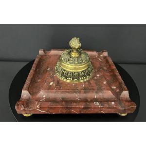 Encrier ancien en marbre rouge et bronze doré – fin XIXe siècle