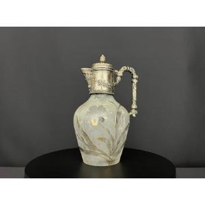 Antique Frosted Glass Carafe With Enameled Floral Decoration - Victor Sanglier