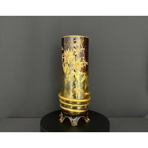 Large Art Nouveau Vase, Gilt Relief Decoration, French Glassware Circa 1900