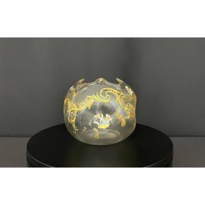 Vase ancien forme boule en verre émaillé et doré, décor floral, vers 1900