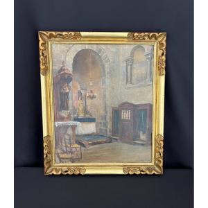 Huile sur panneau – Intérieur d’église - Alphonse Cellier 