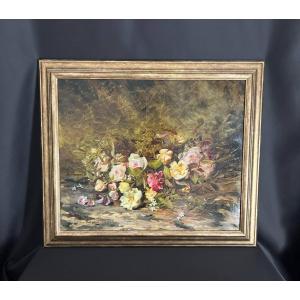 Huile sur toile, nature morte aux fleurs. Lillie Honnarat 1888