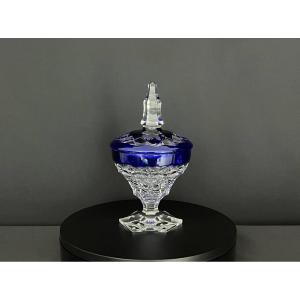 Bonbonnière couverte en cristal taillé bleu overlay Val Saint Lambert
