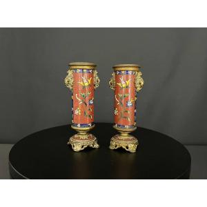 Pair Of Bronze Vases With Cloisonné Enamels