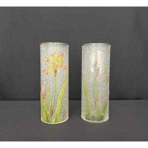 Pair Of Baccarat Vases In Frosted Glass, Enamelled Iris Design