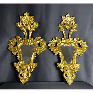 Pair Of Carved And Gilded Wood Mirrors, Italian Baroque Style, 19th Century