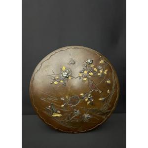 Antique Japanese Bronze Box With Inlaid Decoration, Bird And Flowers, Meiji Period